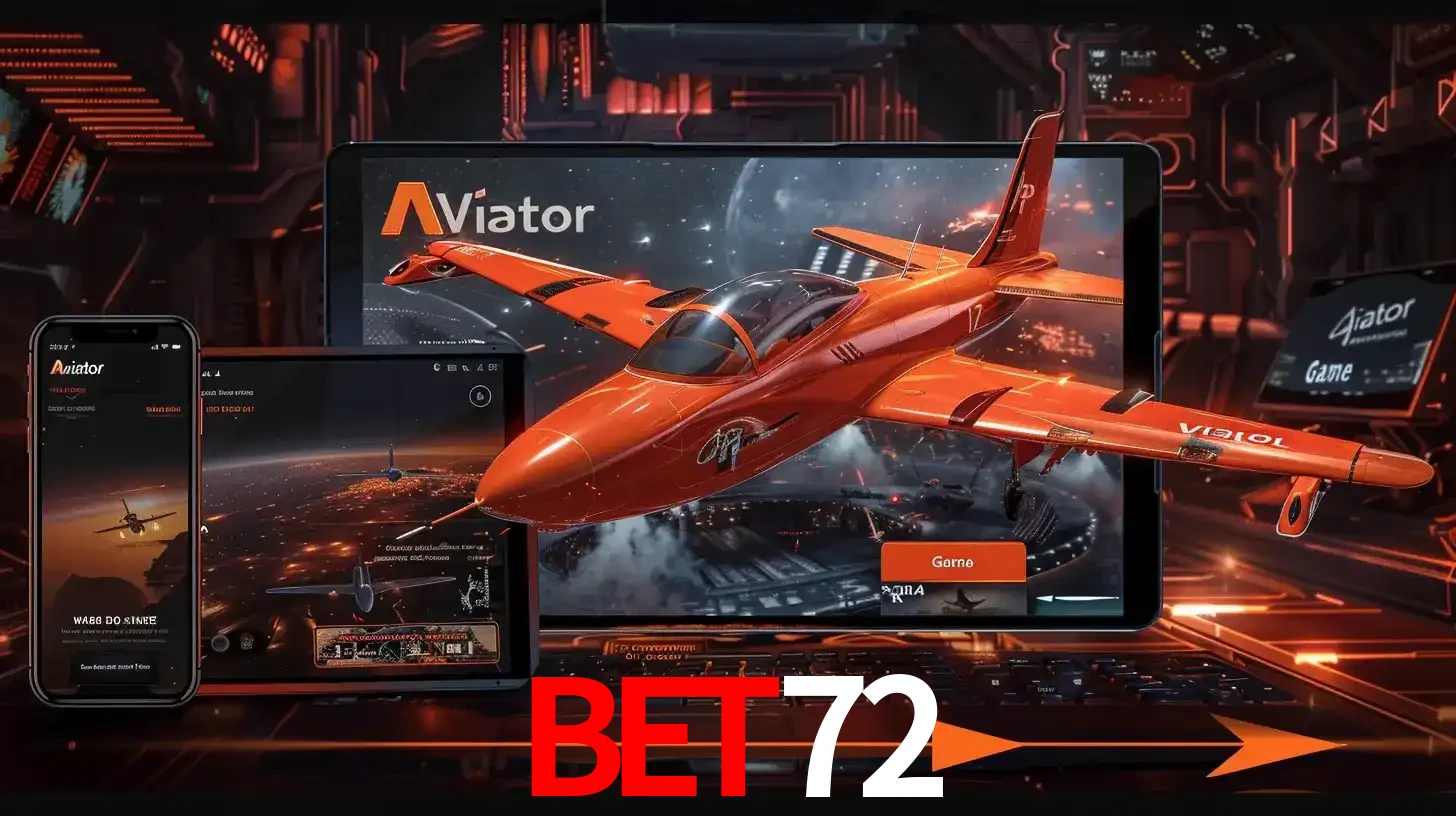 Apresentação tecnológica do jogo Aviator com um avião saindo da tela de um tablet, demonstrando a experiência imersiva em múltiplos dispositivos no BET72.