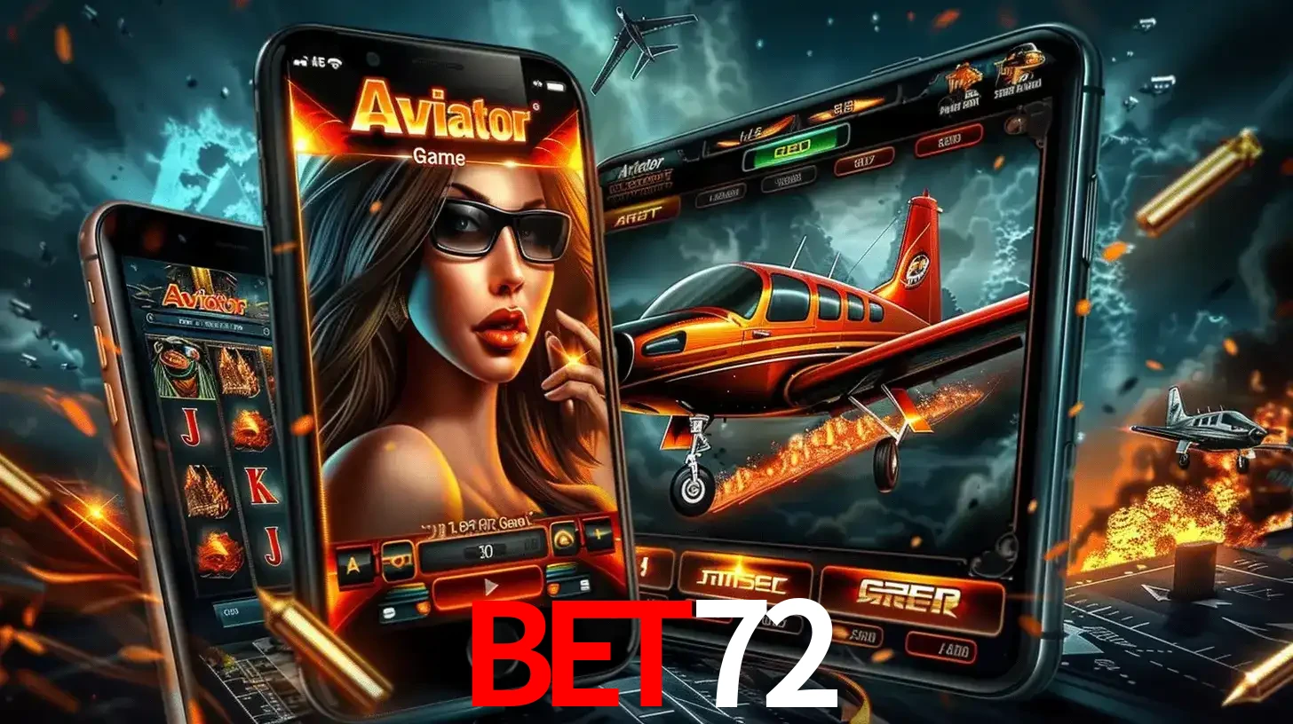 O popular jogo de apostas Aviator exibido em vários celulares e tablets, mostrando a interface emocionante e a ação de voo disponíveis para jogar agora no BET72.