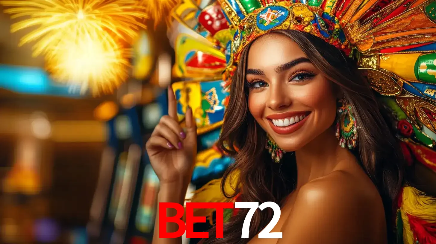 Mulher sorridente com um cocar de carnaval vibrante e colorido, celebrando uma grande vitória nos jogos do cassino BET72 com fogos de artifício ao fundo.