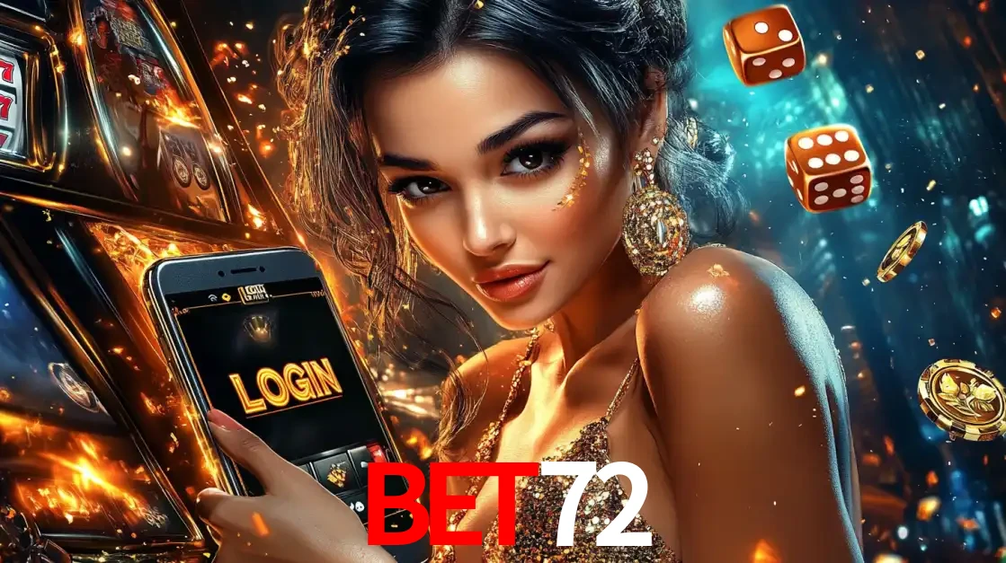 Mulher glamourosa segurando um celular com a tela de login do cassino BET72, rodeada por dados e moedas douradas, pronta para começar a diversão.