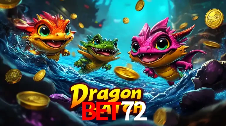 Arte promocional do jogo Dragon Hatch com três adoráveis dragões bebês nadando entre moedas de ouro, um dos slots mais divertidos para jogar no cassino BET72.