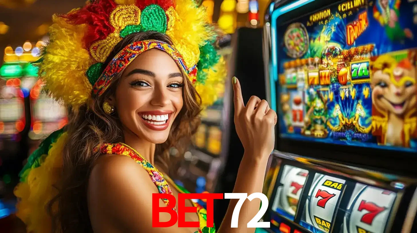 Mulher animada com um cocar de carnaval apontando para uma máquina de caça-níqueis, mostrando a emoção de ganhar um grande prêmio nos jogos do BET72.