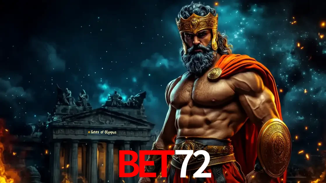 O poderoso Zeus do jogo de slot Gates of Olympus em frente ao seu templo, pronto para lançar multiplicadores divinos e prêmios épicos no cassino online BET72.