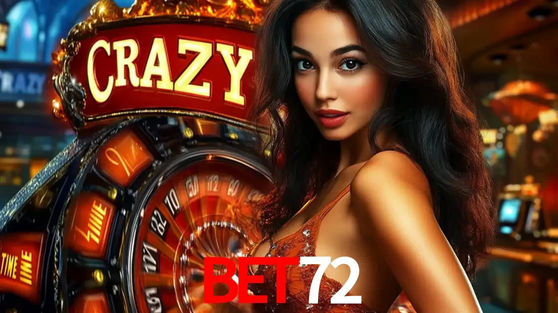 Mulher glamourosa olhando para a câmera com a roda vermelha do Crazy Time ao fundo em um ambiente de cassino, destacando a emoção dos jogos ao vivo no BET72.