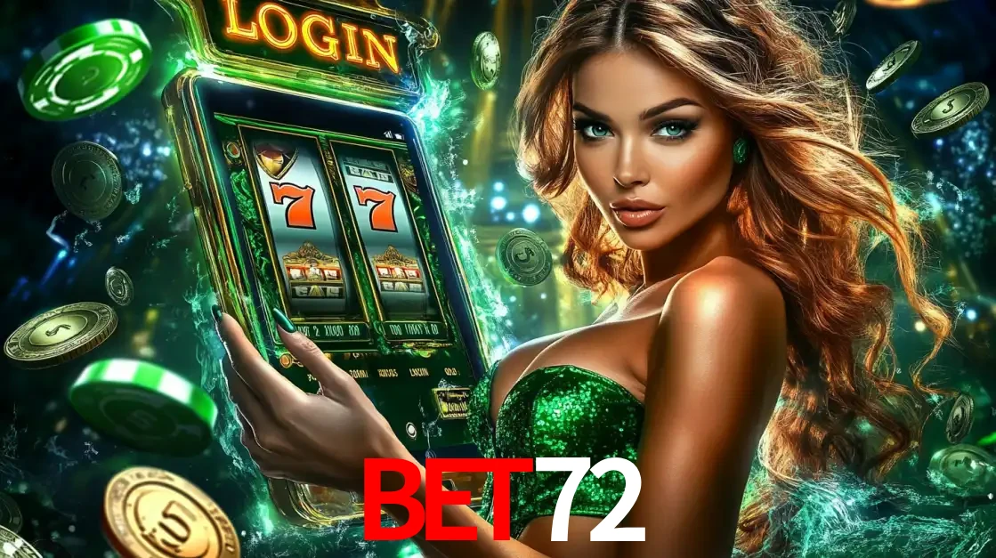 Mulher com tema verde apresentando o aplicativo do cassino BET72 com um jogo de slot de 777, cercada por fichas de cassino e uma aura de sorte.
