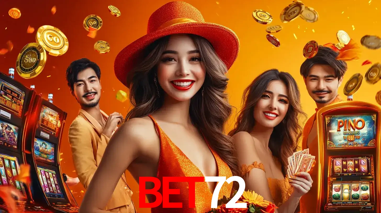 Grupo de amigos asiáticos sorrindo e se divertindo com máquinas de caça-níqueis em um ambiente festivo, celebrando suas vitórias nos jogos de cassino do BET72.