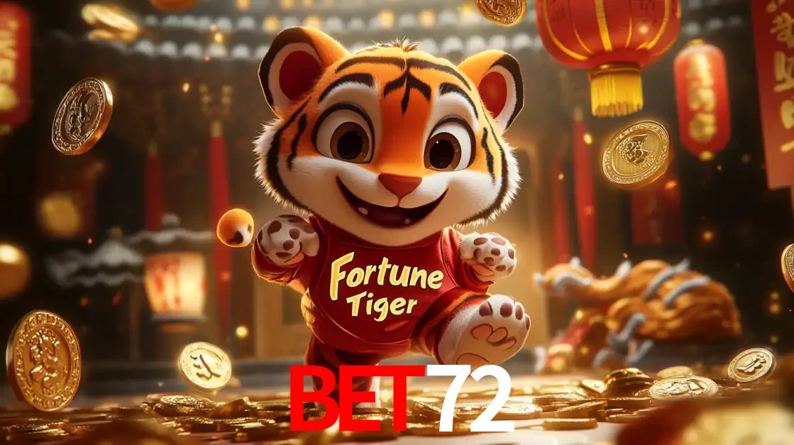 O alegre personagem do Fortune Tiger correndo sobre um caminho de moedas de ouro, simbolizando os grandes prêmios e a diversão do popular jogo de slot do BET72.
