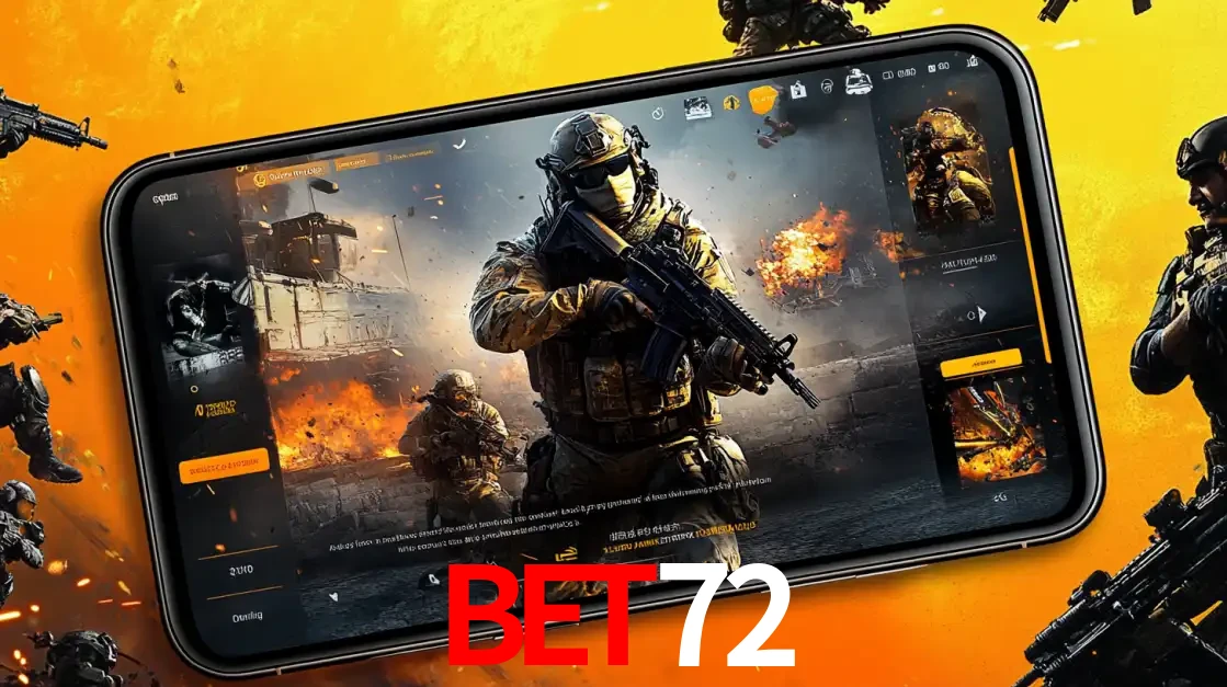Um smartphone exibindo a interface de um jogo de tiro em primeira pessoa, com um soldado em um cenário de batalha, representando a ação dos e-sports para apostar no BET72.