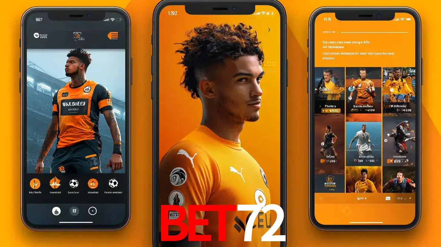 Interface do aplicativo de apostas esportivas BET72 em três telas de celular, mostrando o perfil de um jogador de futebol e a lista de jogos disponíveis para apostar.
