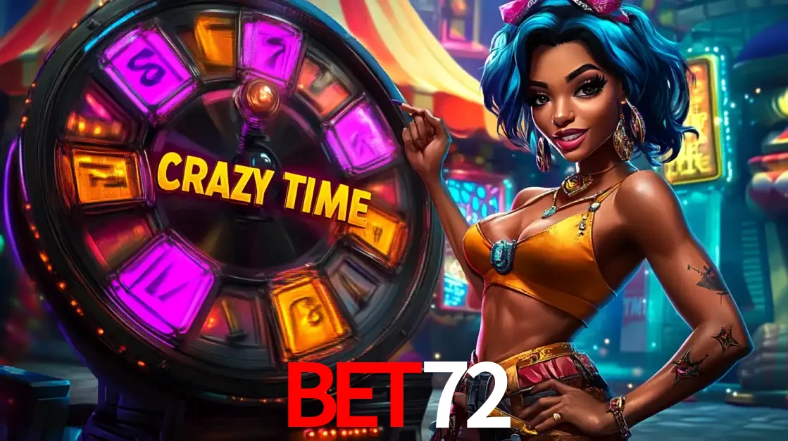 Mulher estilizada com cabelo azul e visual vibrante posando ao lado da roda de prêmios do game show Crazy Time, convidando para a diversão e os bônus do cassino BET72.
