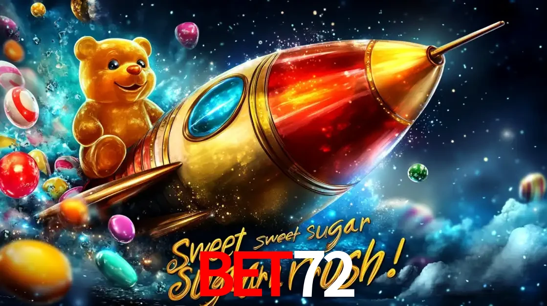 Arte promocional do jogo de slot Sugar Rush, com um urso de pelúcia em um foguete viajando pelo espaço de doces, um dos jogos divertidos disponíveis no cassino BET72.