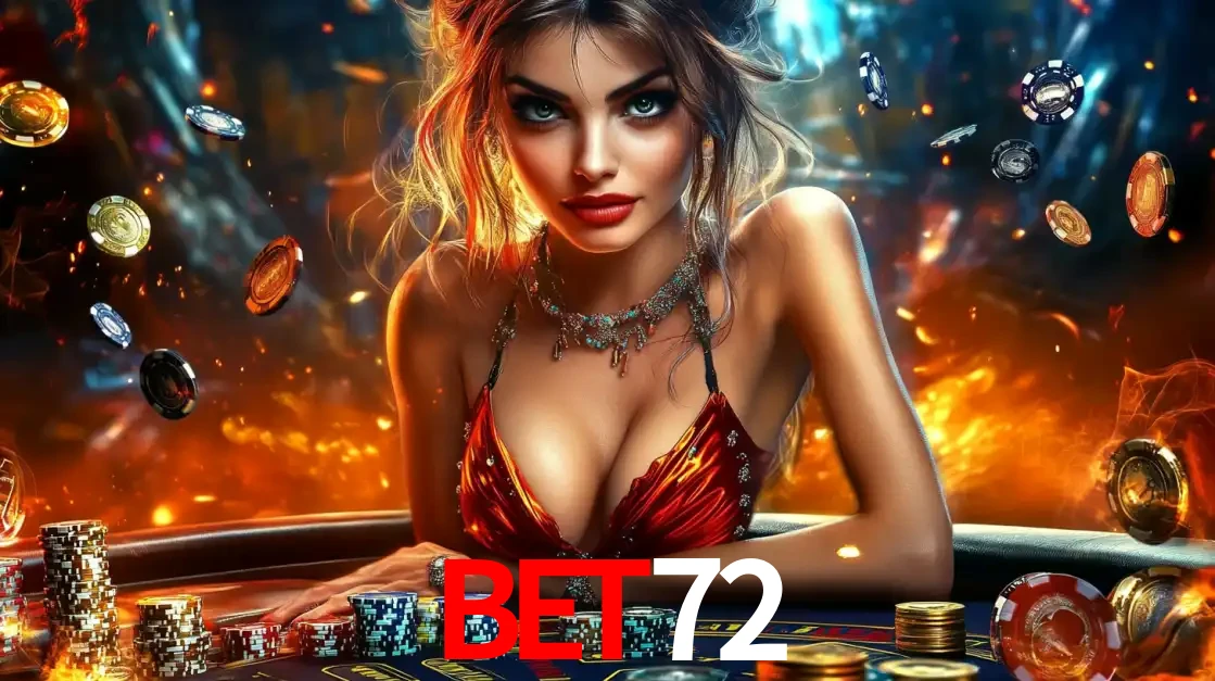 Mulher em uma mesa de cassino com pilhas de fichas e um fundo de fogo, pronta para uma rodada de altas apostas nos jogos de mesa emocionantes do cassino BET72.