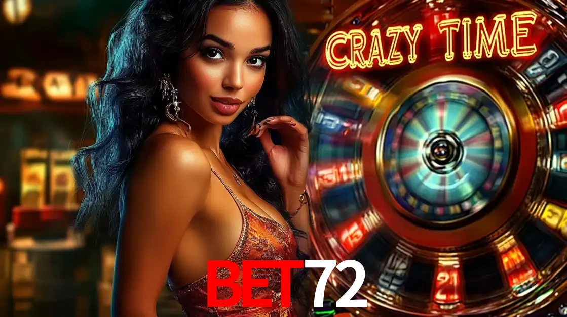Mulher elegante ao lado da vibrante roda da fortuna do jogo de cassino ao vivo Crazy Time, um dos game shows mais populares e cheios de prêmios do BET72.
