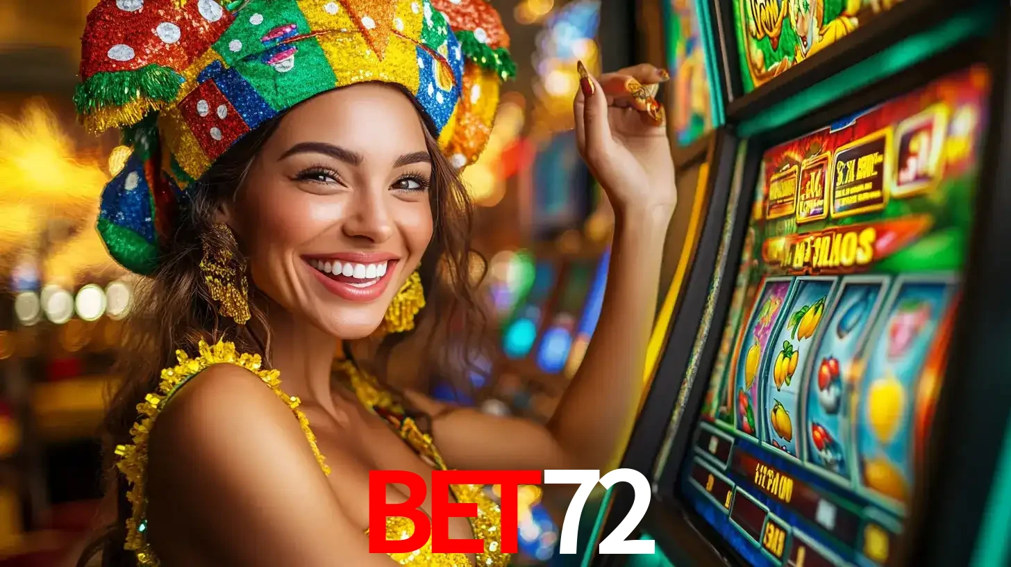 Mulher feliz com traje de carnaval amarelo e colorido ao lado de uma máquina de caça-níqueis, aproveitando a diversão e os jogos temáticos do cassino BET72.
