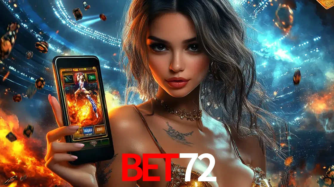 Mulher segurando um celular com um jogo de slot em destaque, tendo como fundo um estádio vibrante, simbolizando a emoção de jogar no cassino móvel BET72.