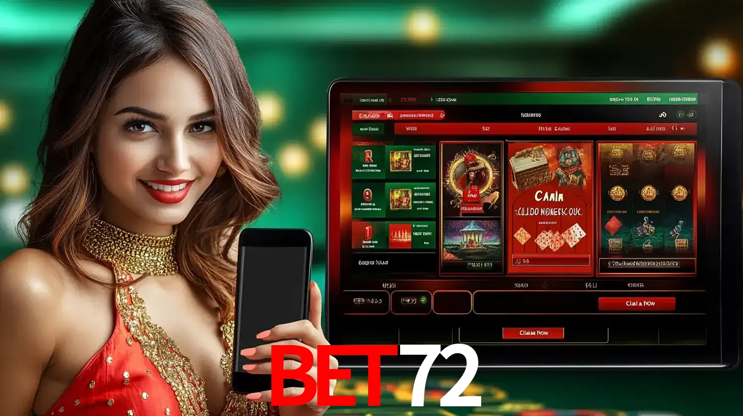 Mulher sorridente segurando um smartphone, ao lado de uma tela exibindo o lobby de jogos do cassino online BET72, com várias opções de jogos de cartas e slots.
